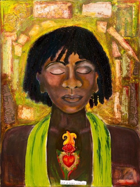 Let It Begin with Me by Nancy Wolfe Kimberly | The original is acrylic paint, tin heart, molding paste, paper, bee's wax.
The original was donated Let It Begin with Me